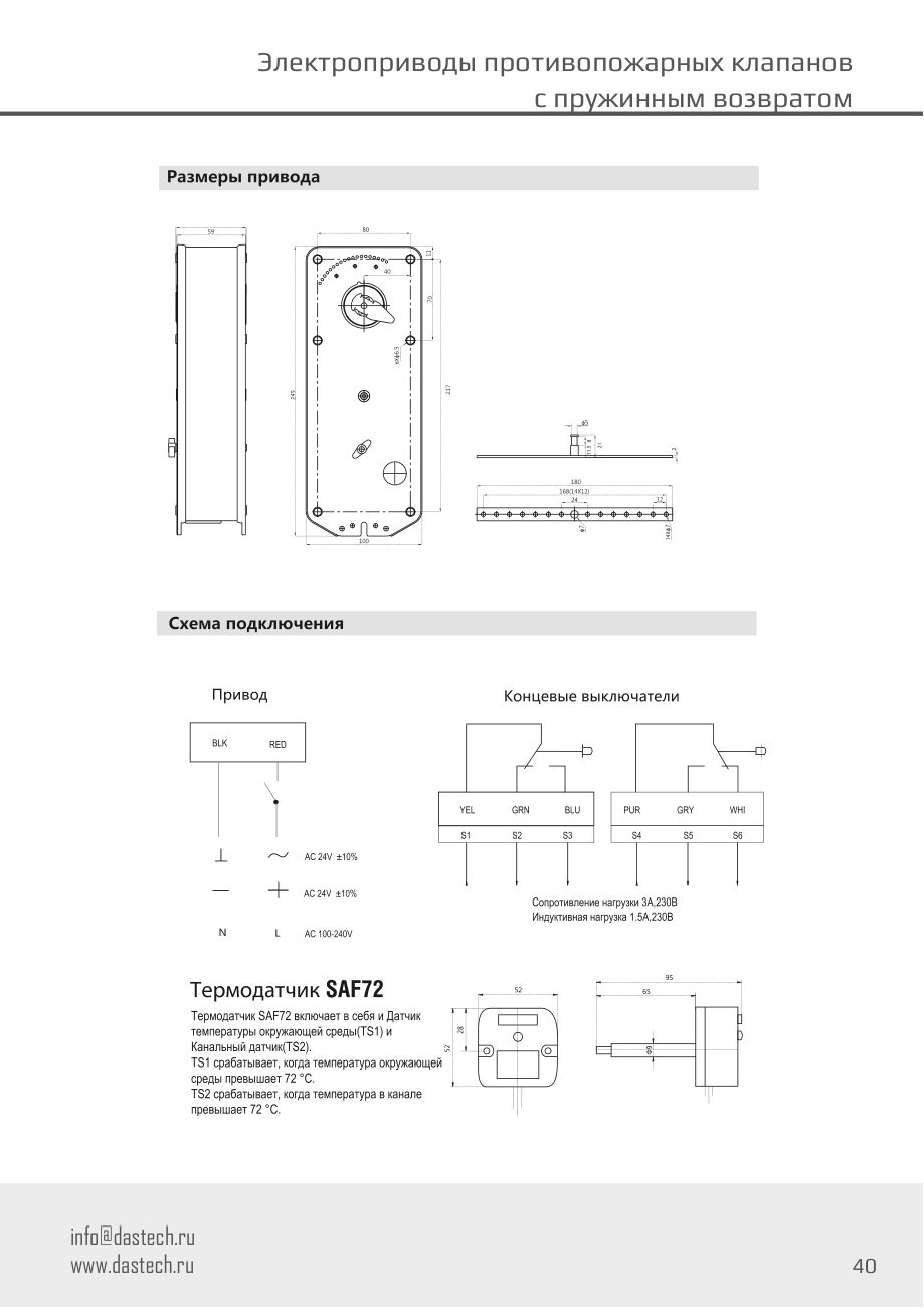 Размеры и схема подключения электропривода Dastech FR-20N24S